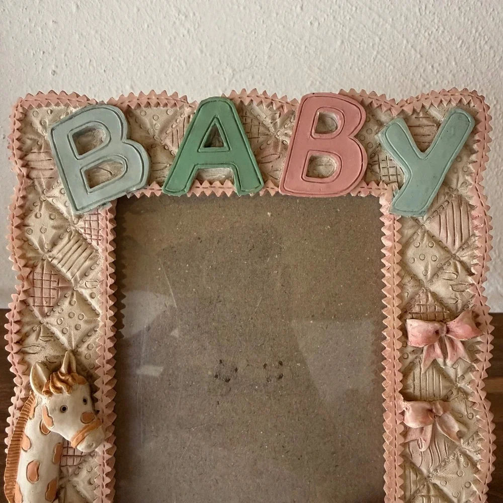 Vintage Baby Picture Frame 3D Giraffe Train Rocking Horse Pastel Nursery Decor
